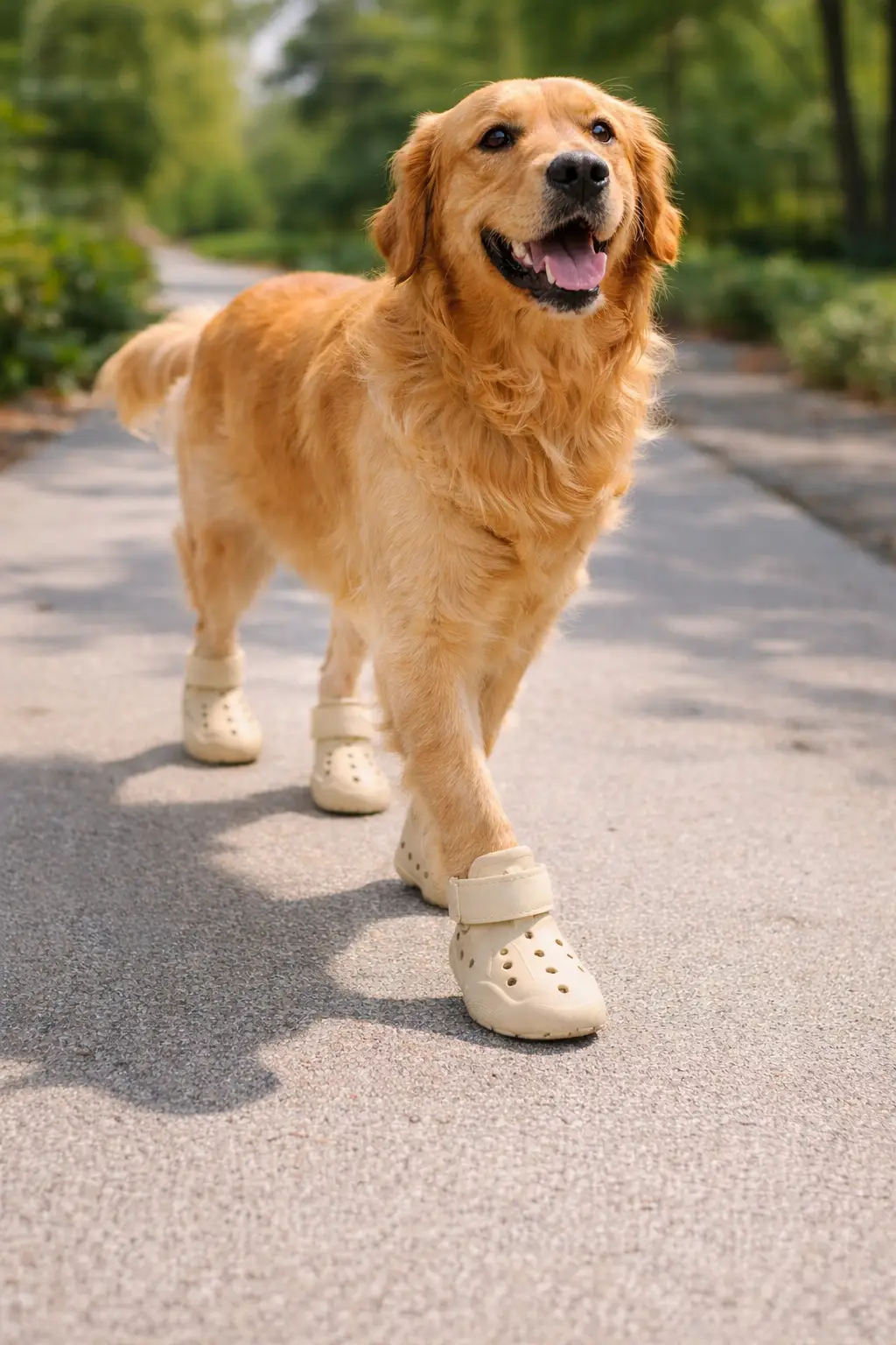 Indoor Dog Boots beige non-slip shoes with straps on golden retriever walking on a path on Tampa Home & Garden Store