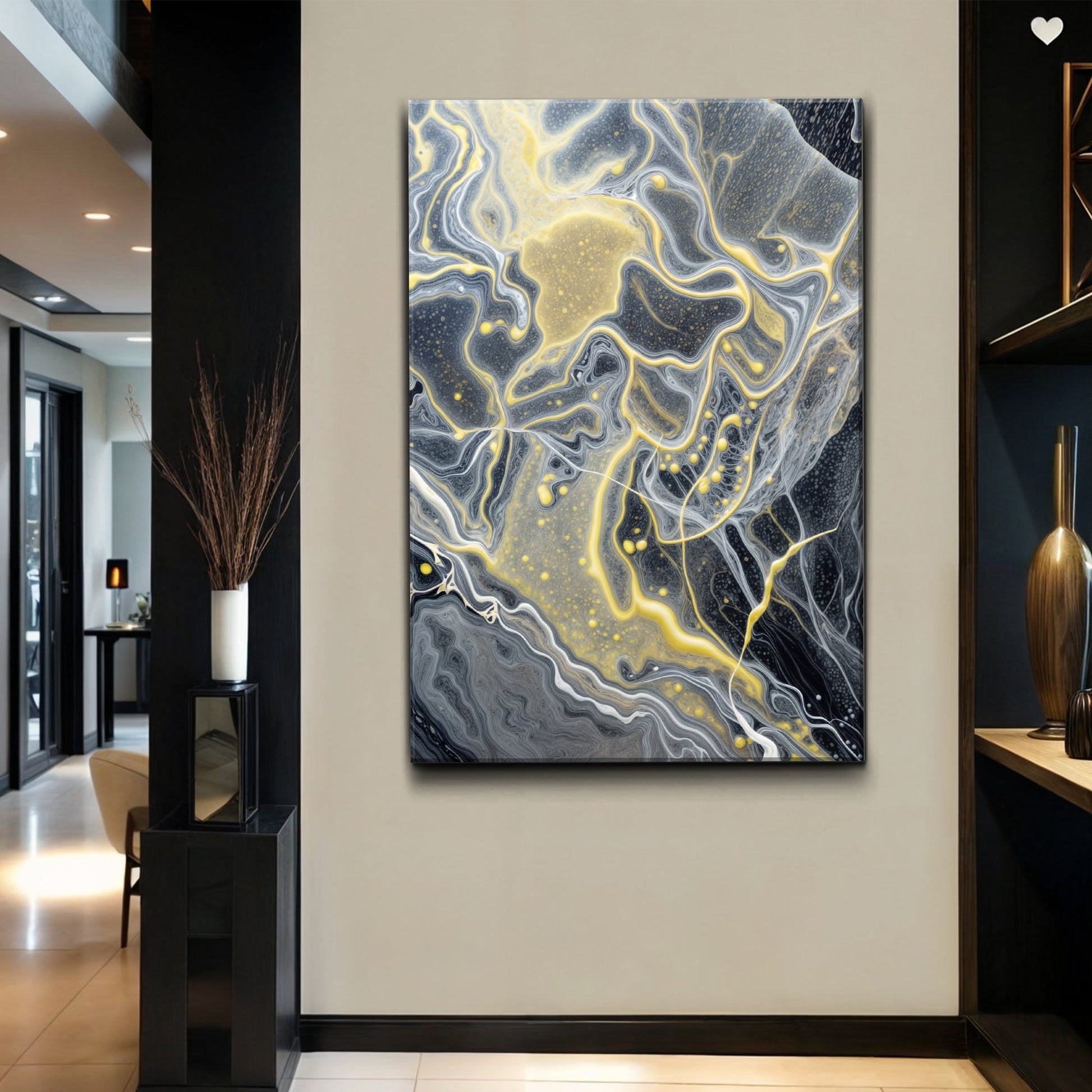 Golden Flow Wall Art canvas by Tailored Canvases, crafting canvas with yellow and gray marbling on Tampa Home & Garden Store