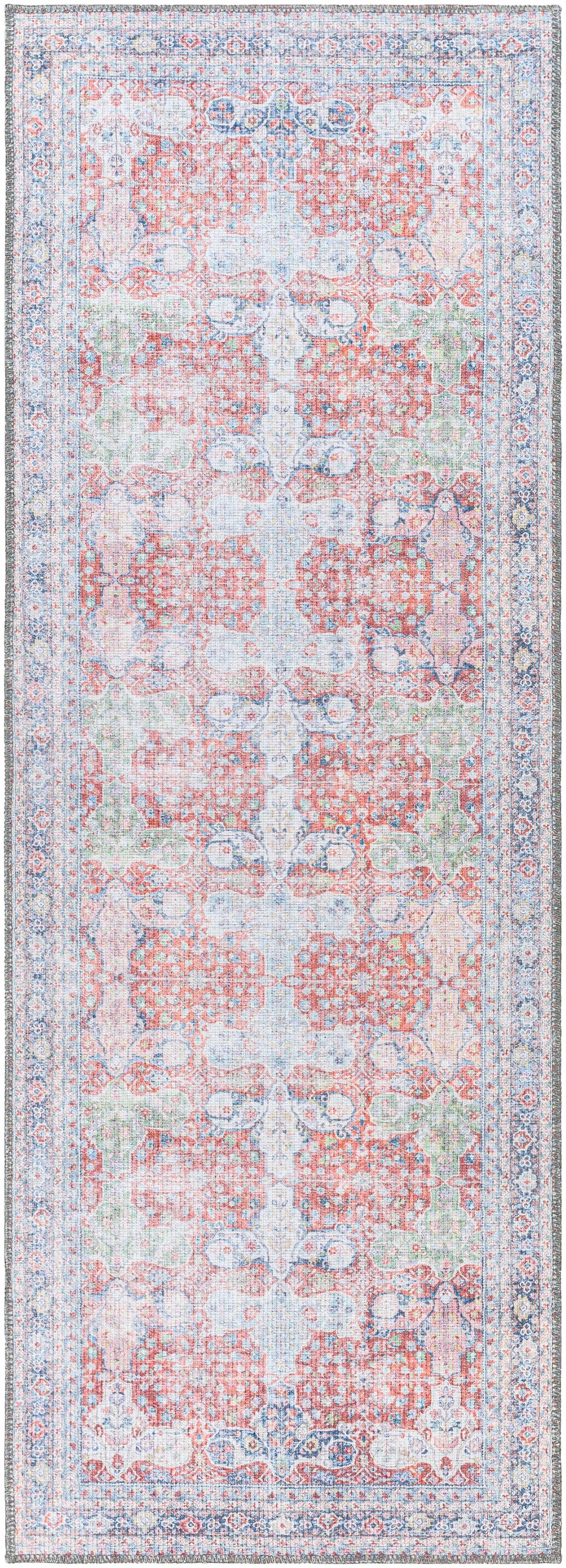 Rust Goma Vintage Area Rug, Boutique Rugs, distressed multicolor with coral blue ivory hues on Tampa Home & Garden Store