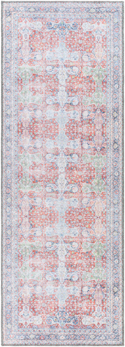 Rust Goma Vintage Area Rug, Boutique Rugs, distressed multicolor with coral blue ivory hues on Tampa Home & Garden Store
