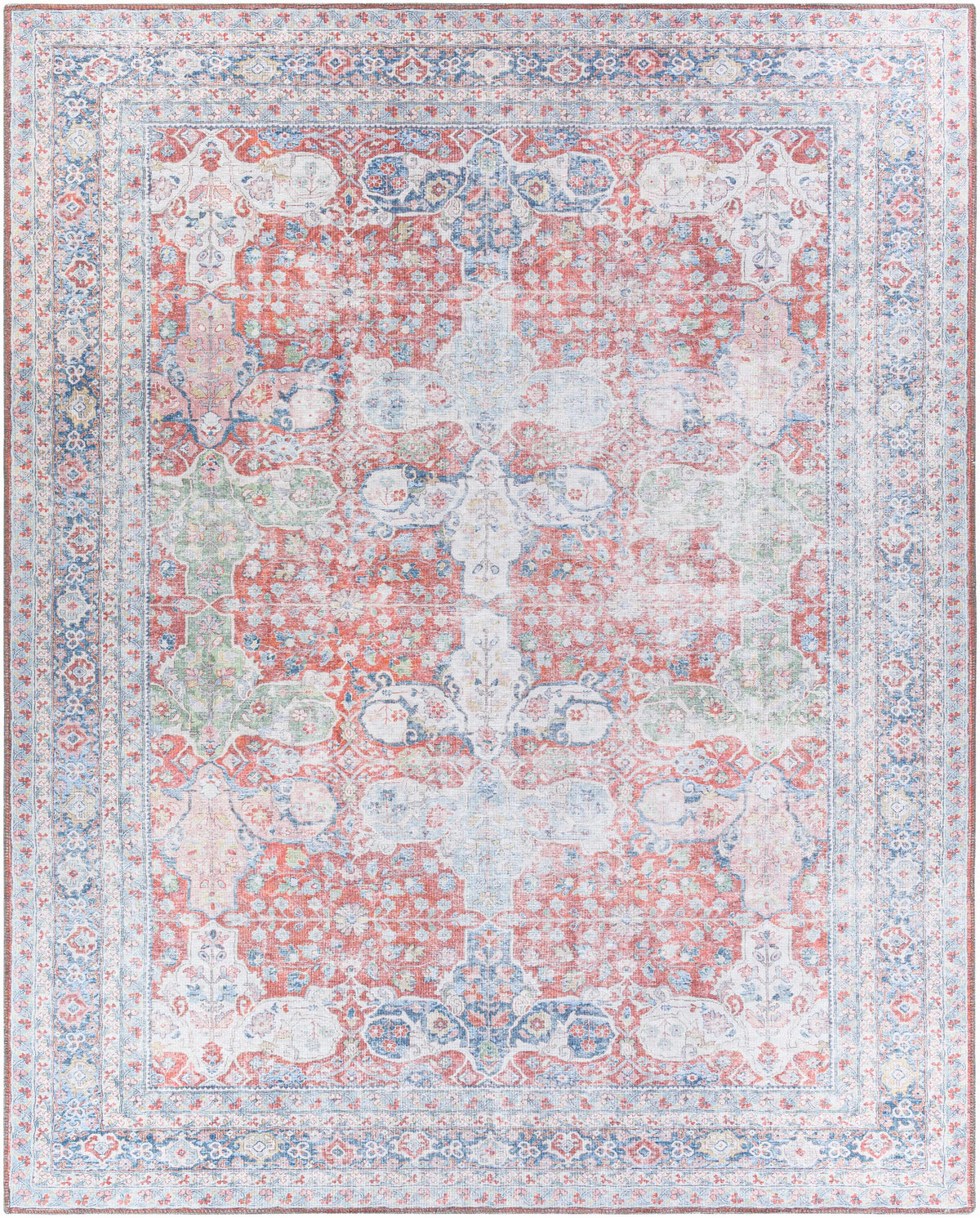 Rust Goma Vintage Area Rug by Boutique Rugs with distressed rust center and blue border on Tampa Home & Garden Store