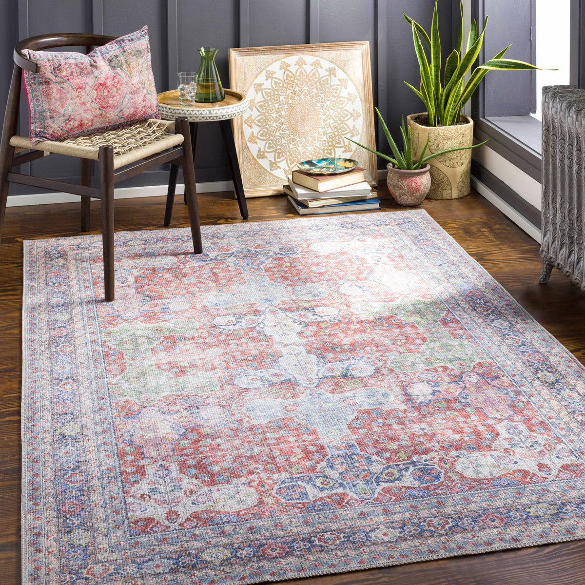 Rust Goma Vintage Area Rug by Boutique Rugs, multicolor distressed oriental design on Tampa Home & Garden Store