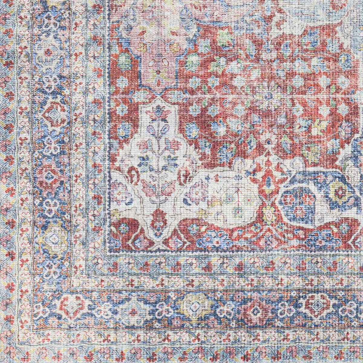 Rust Goma Vintage Area Rug red blue ivory ornate floral border Boutique Rugs on Tampa Home & Garden Store
