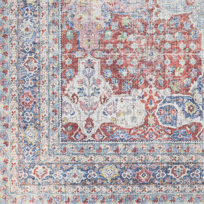 Rust Goma Vintage Area Rug red blue ivory ornate floral border Boutique Rugs on Tampa Home & Garden Store