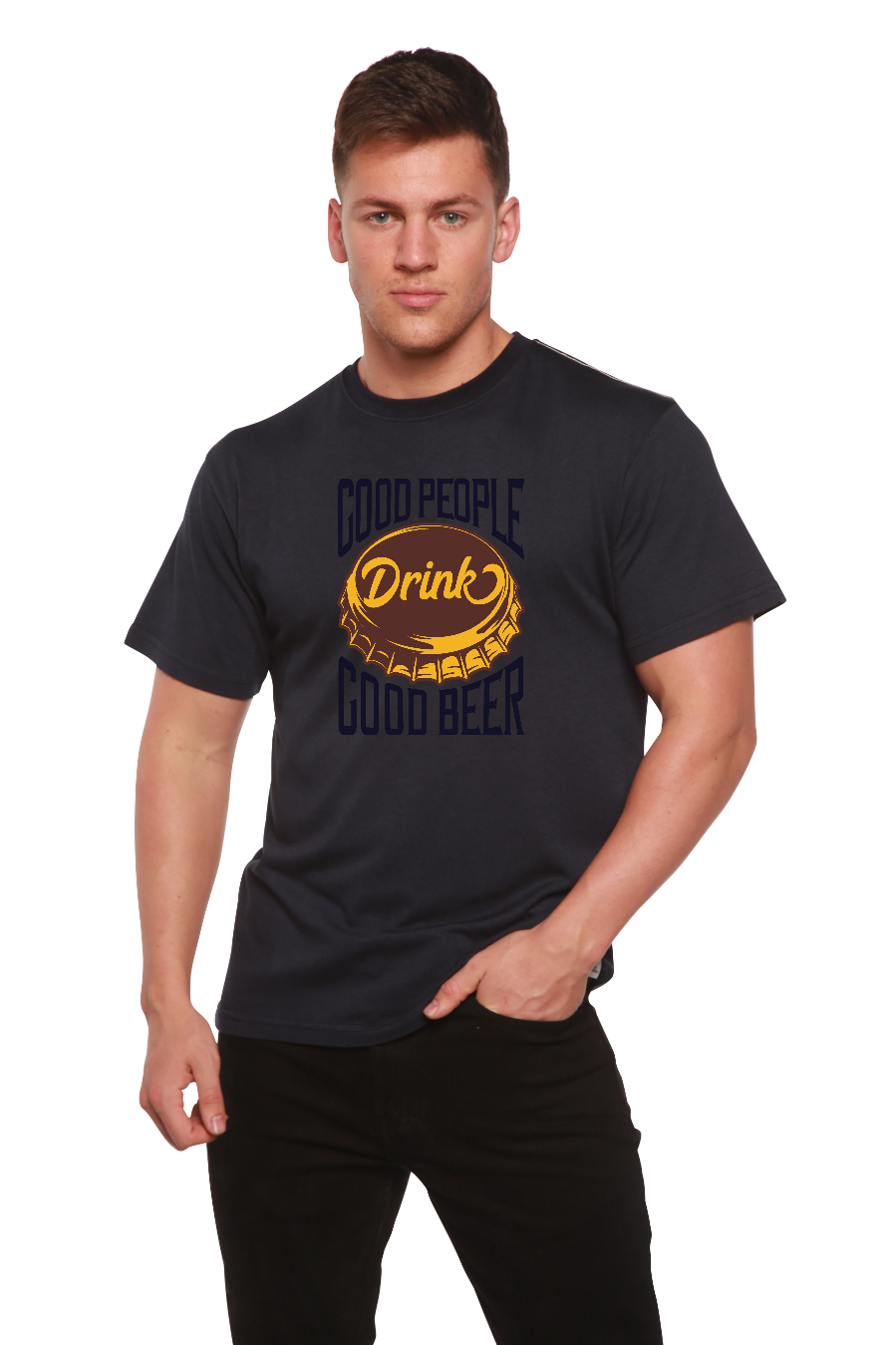 Good People men's bamboo viscose organic cotton short sleeve graphic tee navy with beer cap Drink on Tampa Home & Garden Store