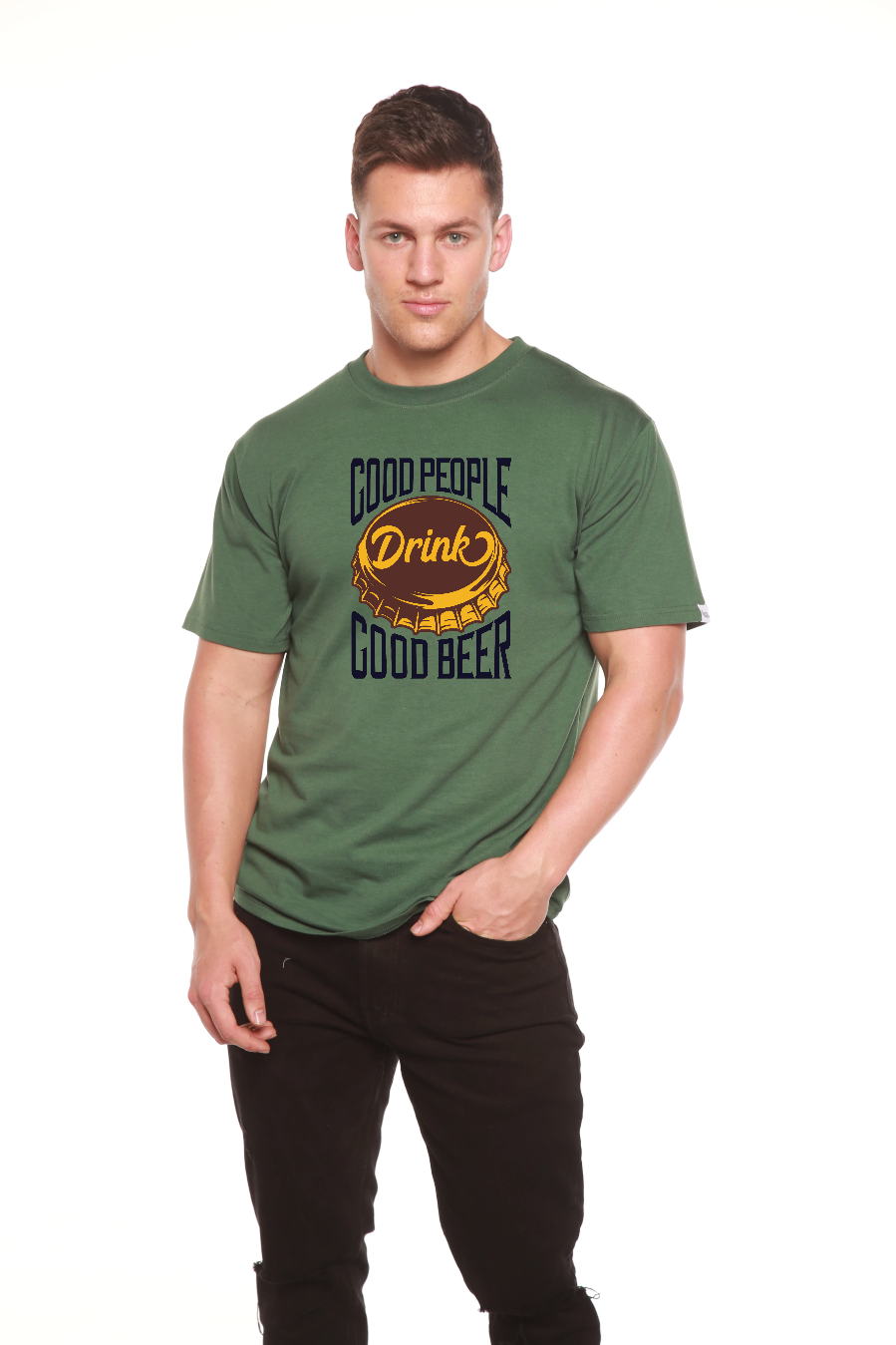 Good People men's bamboo viscose/organic cotton graphic tee olive green with beer cap motif on Tampa Home & Garden Store