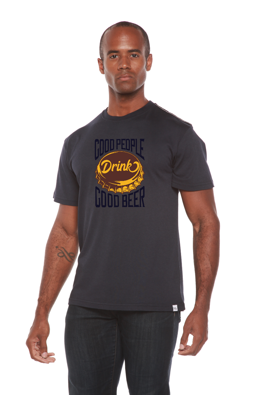 Men's navy bamboo graphic T-shirt with Good People Drink Good Beer beer-cap by Spun Bamboo on Tampa Home & Garden Store