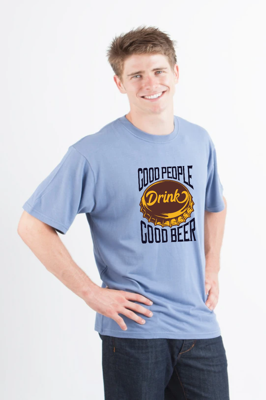Good People men's bamboo viscose organic cotton short sleeve tee in blue with beer cap on Tampa Home & Garden Store