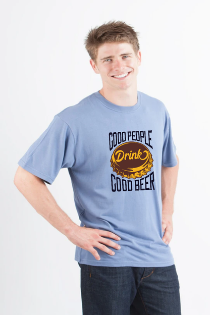 Good People men's bamboo viscose organic cotton short sleeve tee in blue with beer cap on Tampa Home & Garden Store