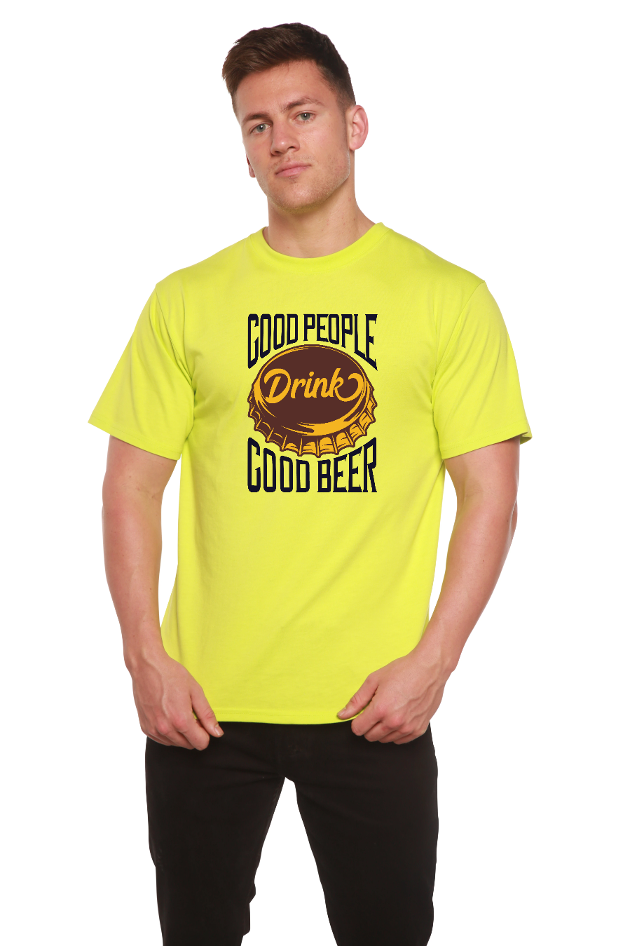 Good People men's bamboo viscose/organic cotton by Spun Bamboo yellow with beer cap design on Tampa Home & Garden Store