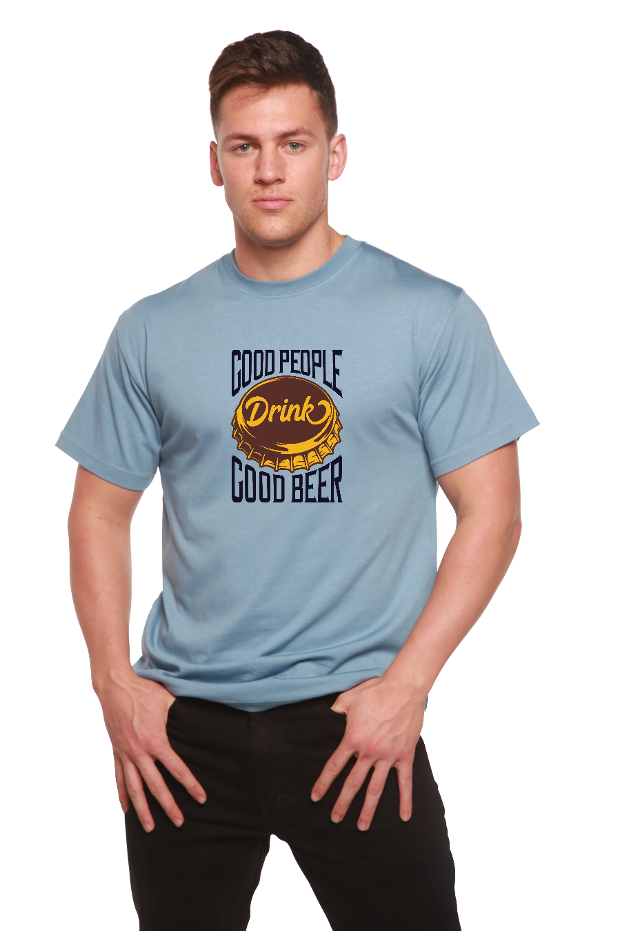 Good People men's bamboo viscose/organic cotton short sleeve graphic tee in light blue with Drink Good Beer design by Spun Bamboo on Tampa Home & Garden Store