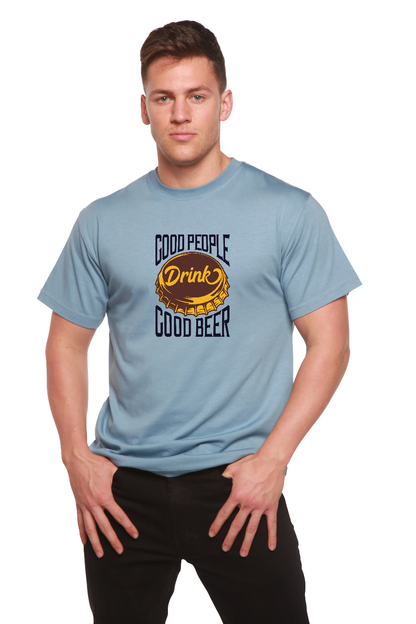 Good People men's bamboo viscose/organic cotton short sleeve graphic tee in light blue with Drink Good Beer design by Spun Bamboo on Tampa Home & Garden Store