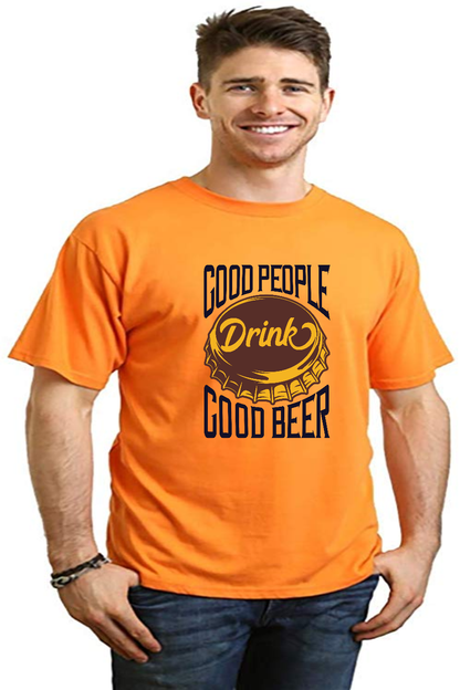 Mens orange graphic short sleeve T-shirt with Good People Drink Good Beer beer cap design on Tampa Home & Garden Store