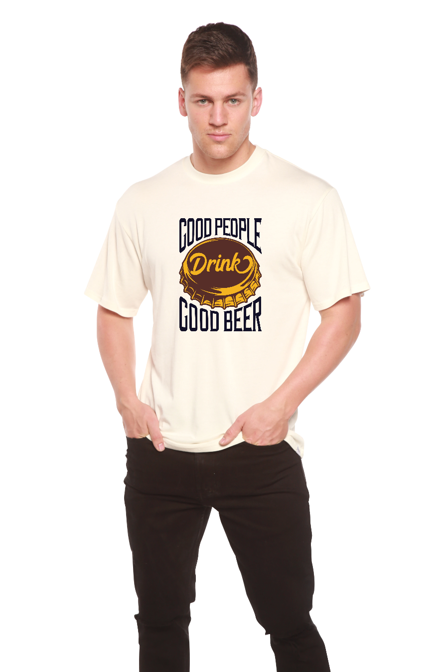 Good People graphic tee with beer cap print on cream bamboo viscose/cotton by Spun Bamboo on Tampa Home & Garden Store