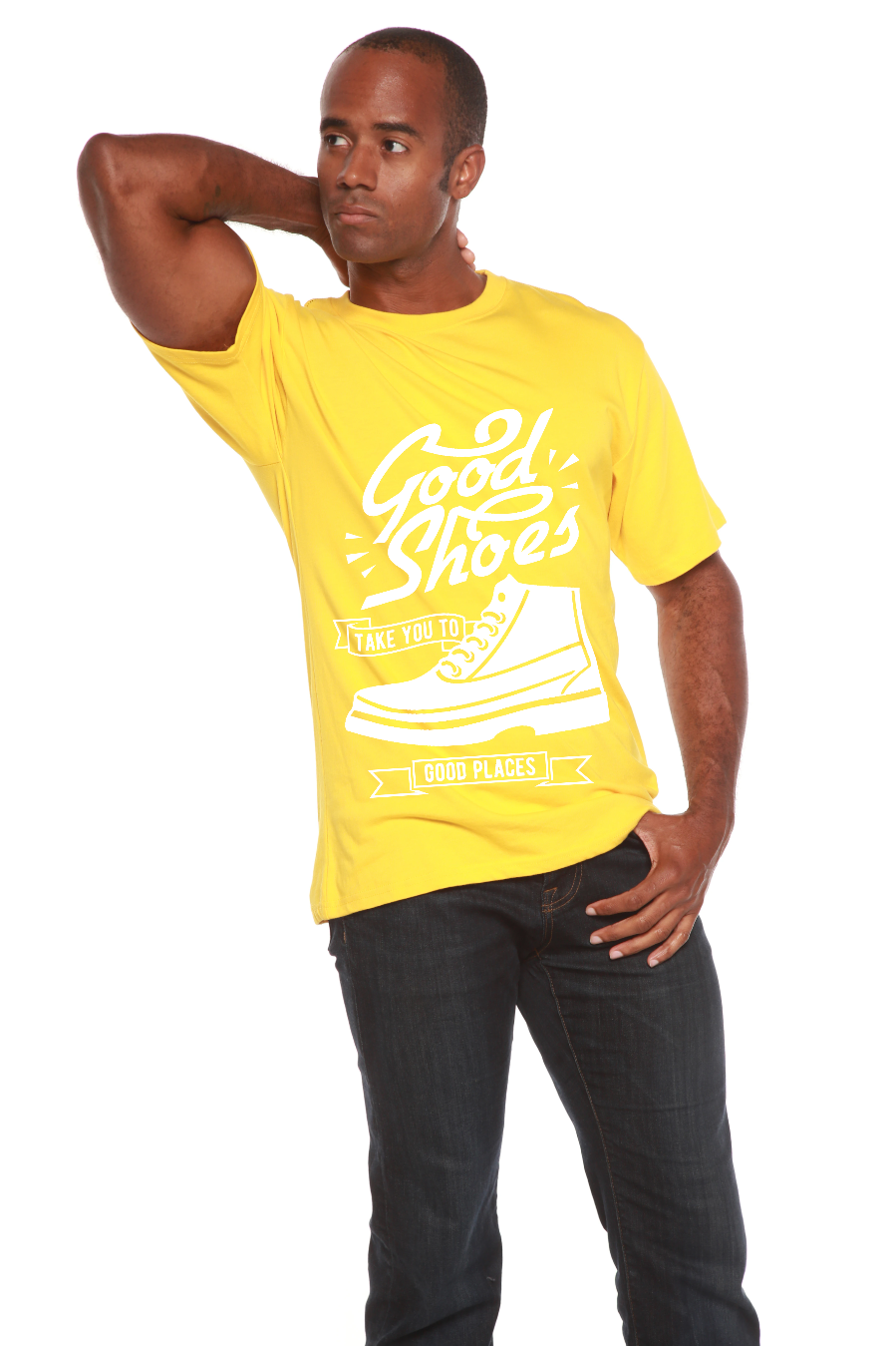 Men's yellow Good Shoes graphic T-shirt by Spun Bamboo, bamboo viscose/organic cotton, sneaker print on Tampa Home & Garden Store