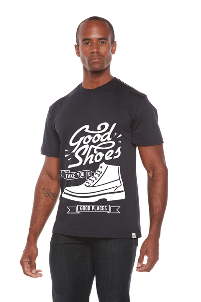Good Shoes men's bamboo viscose/organic cotton tee in black with white sneaker by Spun Bamboo on Tampa Home & Garden Store