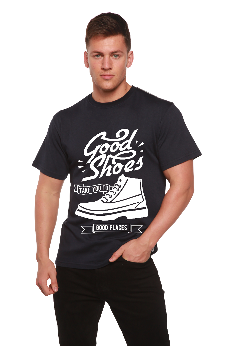 Good Shoes men's bamboo viscose organic cotton graphic tee navy printed by Spun Bamboo on Tampa Home & Garden Store