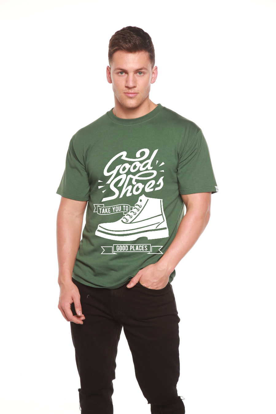 Men's printed T-shirt in green bamboo cotton blend with white Good Shoes sneaker design on Tampa Home & Garden Store
