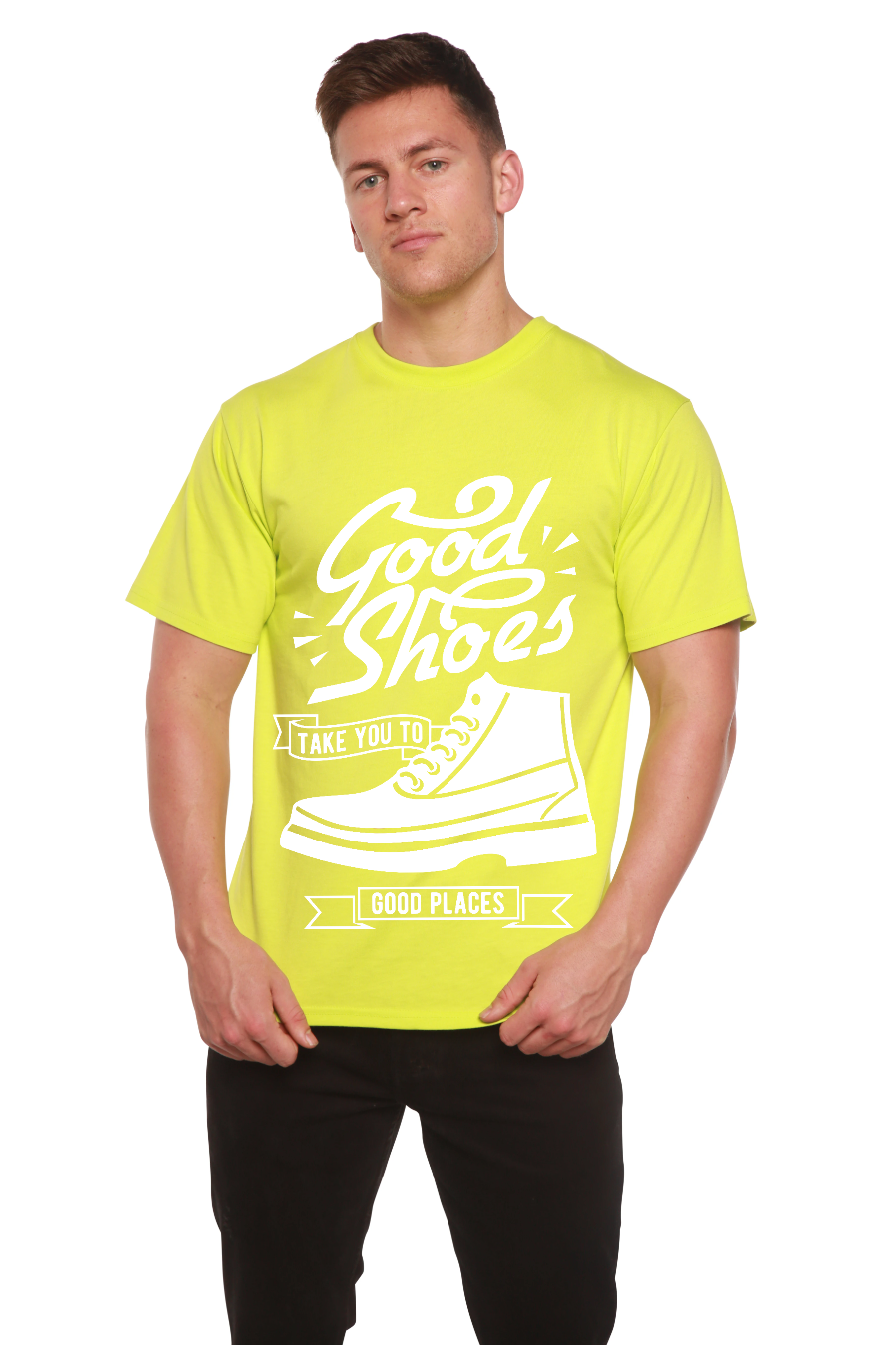 Good Shoes men's bamboo viscose organic cotton tee neon yellow with shoe print Spun Bamboo on Tampa Home & Garden Store
