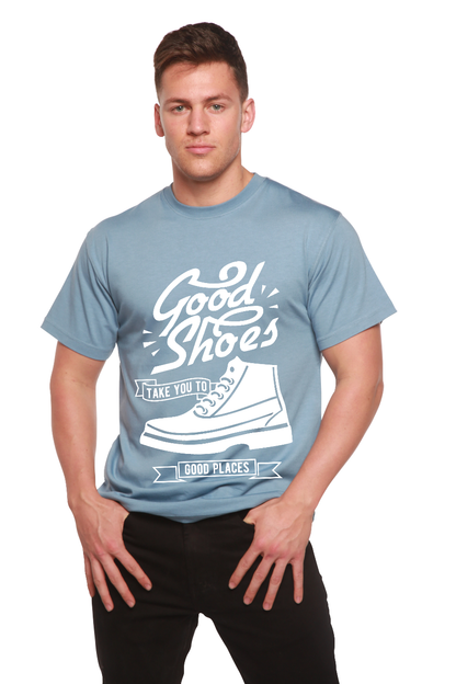 Good Shoes men's bamboo viscose/organic cotton tee in blue with sneaker graphic by Spun Bamboo on Tampa Home & Garden Store