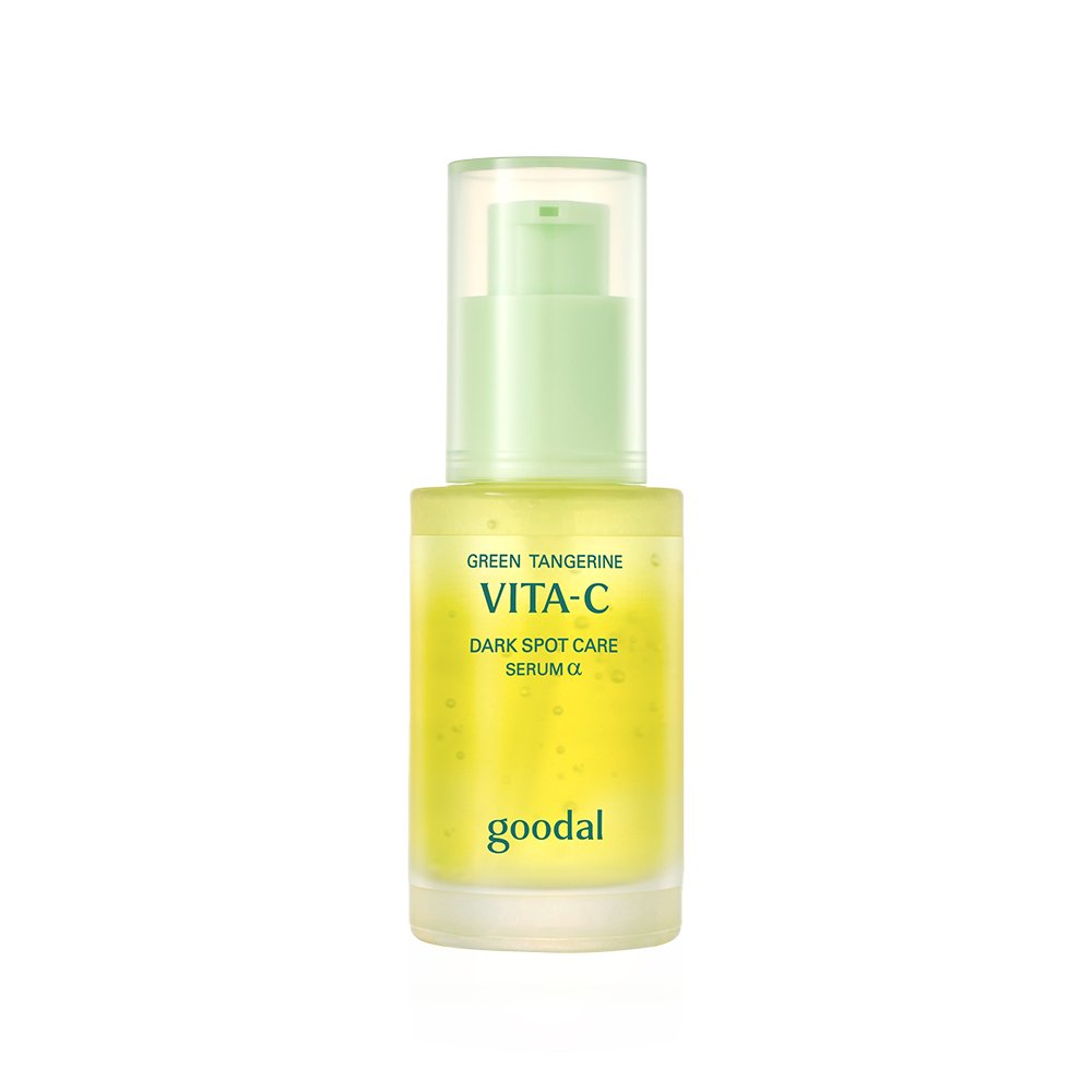 serum goodal Green Tangerine Vita-C Dark Spot Care Serum α, yellow liquid with green pump on Tampa Home & Garden Store