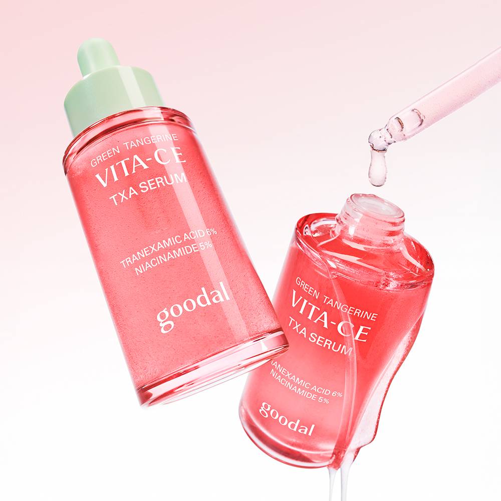 Goodal Vita-C TXA serum bottles, pink liquid with green dropper cap, two face serums on Tampa Home & Garden Store