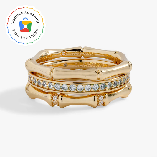 Bamboo Trio Ring Set by Alex and Ani; gold-tone stacked rings with pavé crystal band on Tampa Home & Garden Store