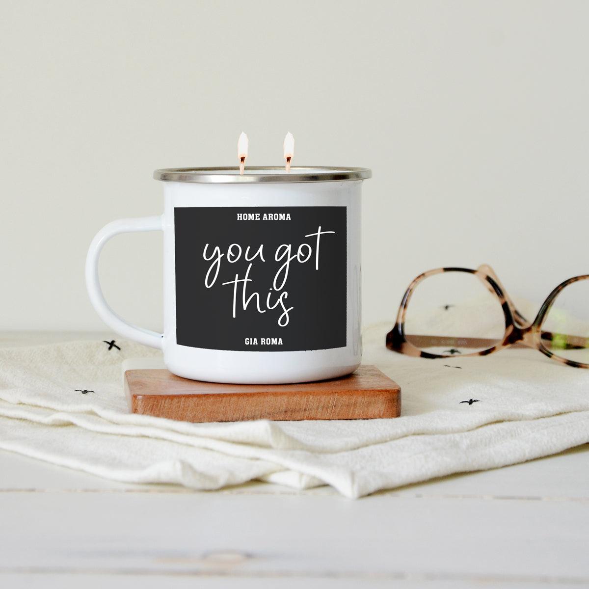 16oz white ceramic candle mug with black Gia Roma label reading you got this and two wicks on Tampa Home & Garden Store