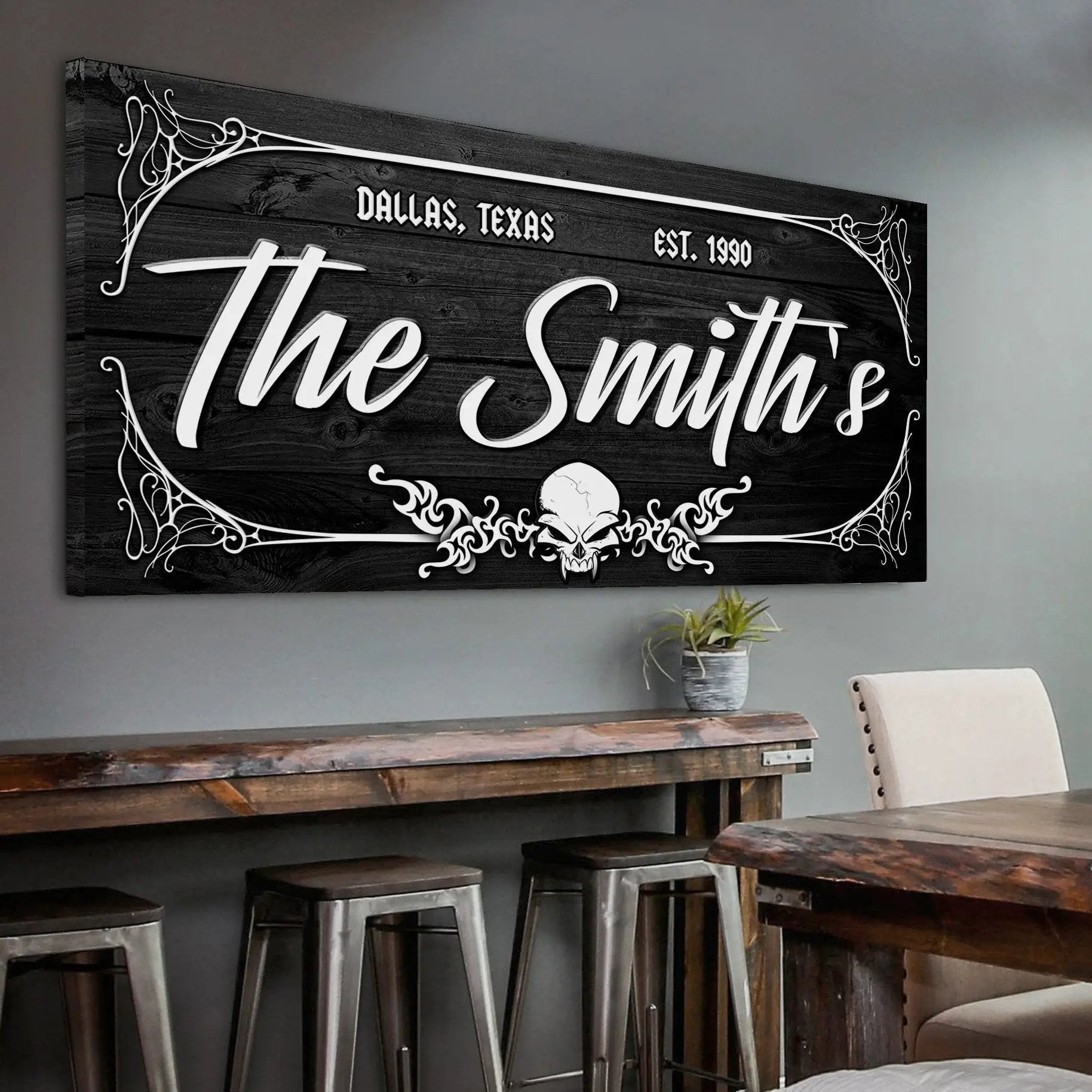 Canvas wall art Tailored Canvases Gothic Skull Sign with white scrollwork on dark wood panel on Tampa Home & Garden Store