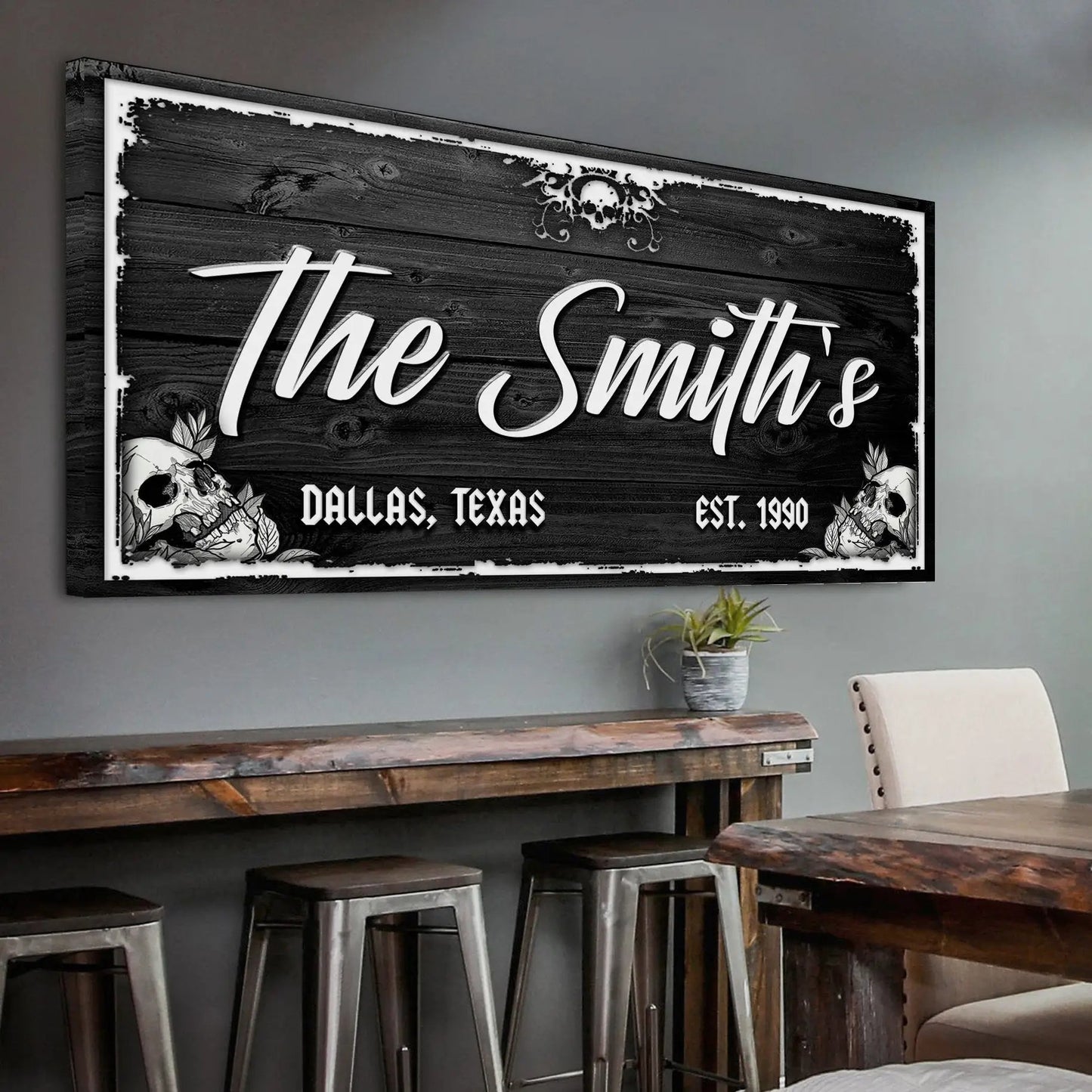 Tailored Canvases canvas sign Family Gothic Skull Sign with dark wood paneling, Dallas TX on Tampa Home & Garden Store