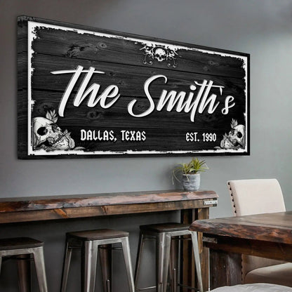 Tailored Canvases canvas sign Family Gothic Skull Sign with dark wood paneling, Dallas TX on Tampa Home & Garden Store