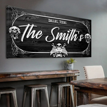Canvas Family Gothic Skull Sign on wood background with ornate frame Tailored Canvases on Tampa Home & Garden Store