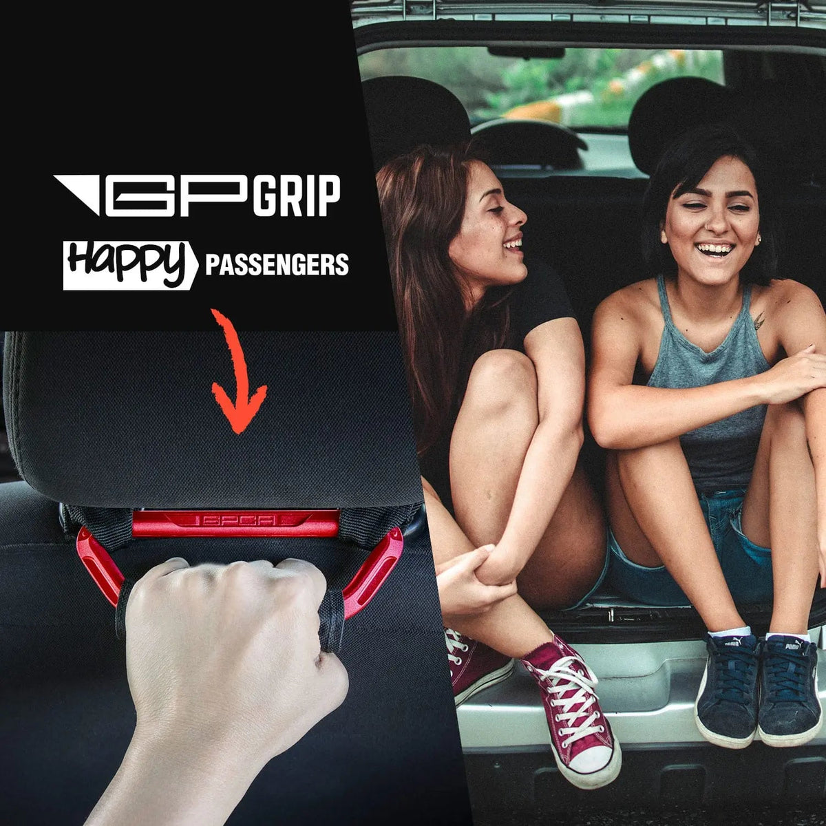 GP Back Grip Pro red X2 car gear handles, two red grips shown with passengers on Tampa Home & Garden Store