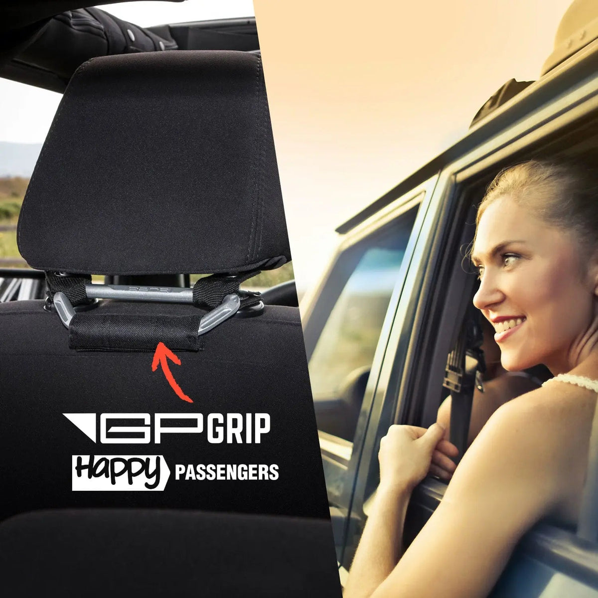 GP Back Grip PRO rear headrest handles in black fabric with gray metal brackets on Tampa Home & Garden Store