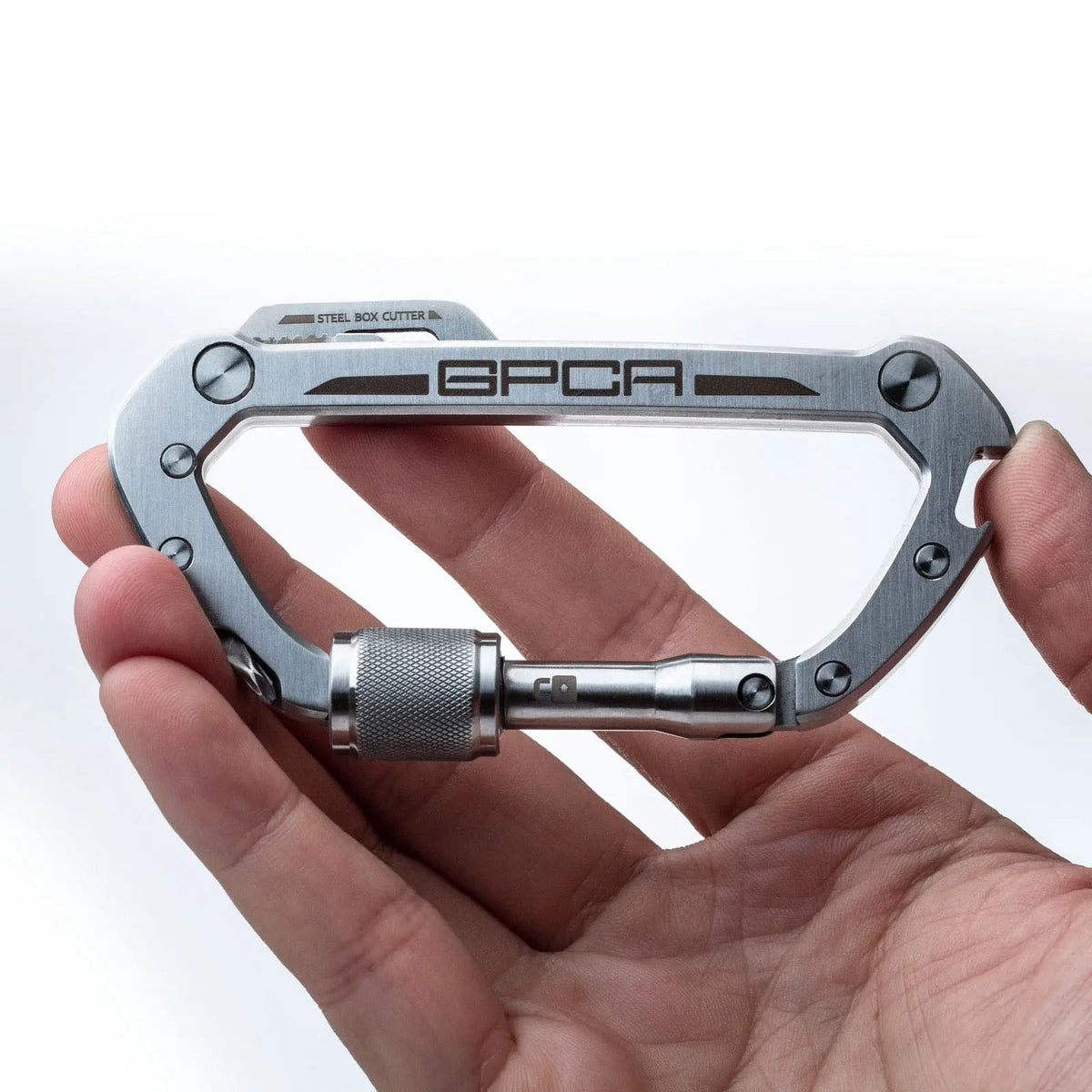 GPCA Carabiner Pro EDC multitool clip in silver aluminum with steel box cutter on Tampa Home & Garden Store