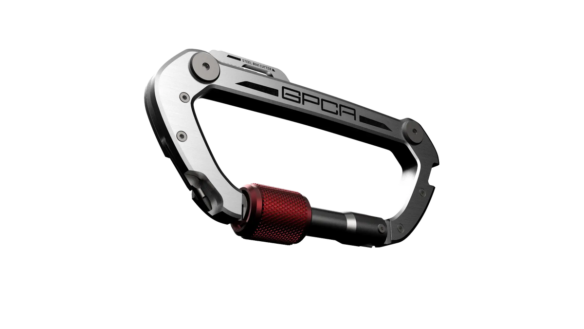 GPCA Carabiner PRO EDC multi-tool clip with silver aluminum frame, black accents on Tampa Home & Garden Store