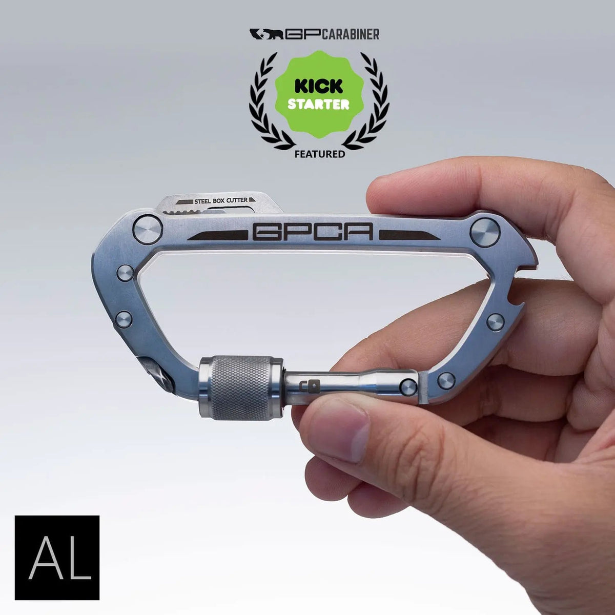 GPCA Carabiner PRO EDC multi-tool clip, blue carabiner with box cutter blade, GPCA, handheld on Tampa Home & Garden Store