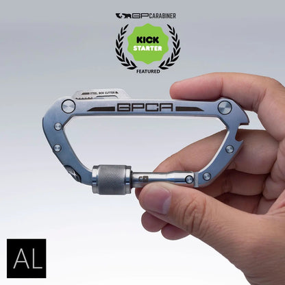 GPCA Carabiner PRO EDC multi-tool clip, blue carabiner with box cutter blade, GPCA, handheld on Tampa Home & Garden Store