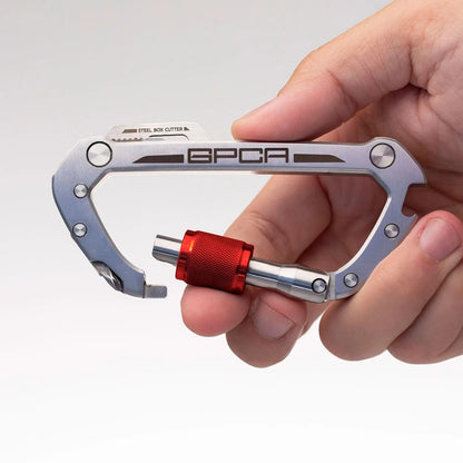 GPCA Carabiner PRO EDC clip in silver aluminum with red knurled insert and built-in box cutter on Tampa Home & Garden Store
