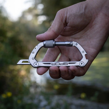 GPCA Carabiner PRO EDC multi-tool clip in silver stainless steel with lock sleeve on Tampa Home & Garden Store