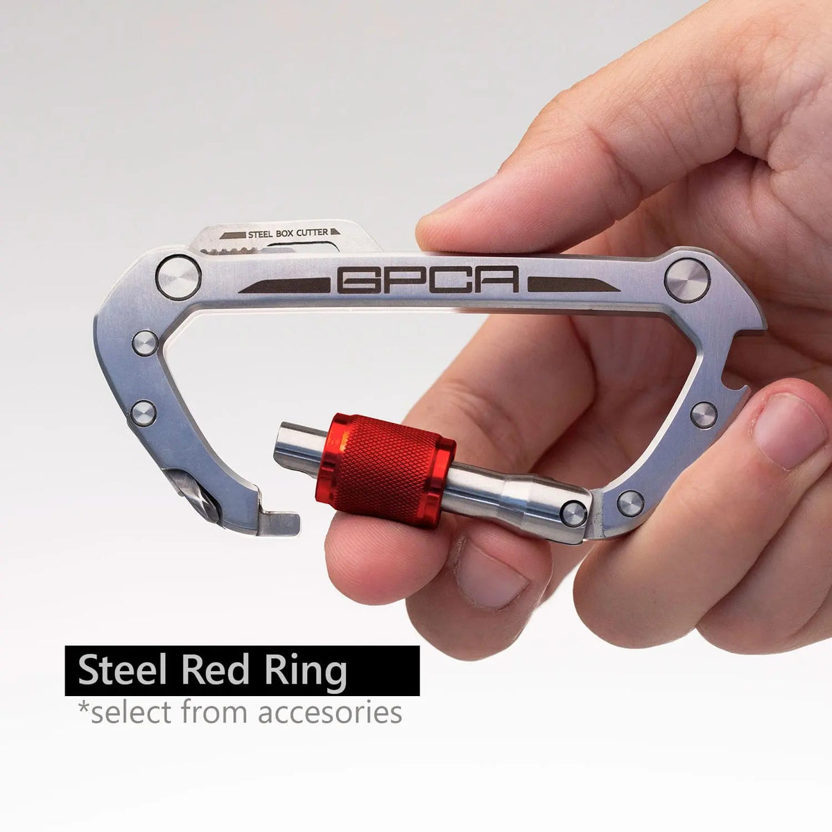 GPCA Carabiner PRO EDC clip in silver aluminum with steel box cutter blade and red knurled ring on Tampa Home & Garden Store