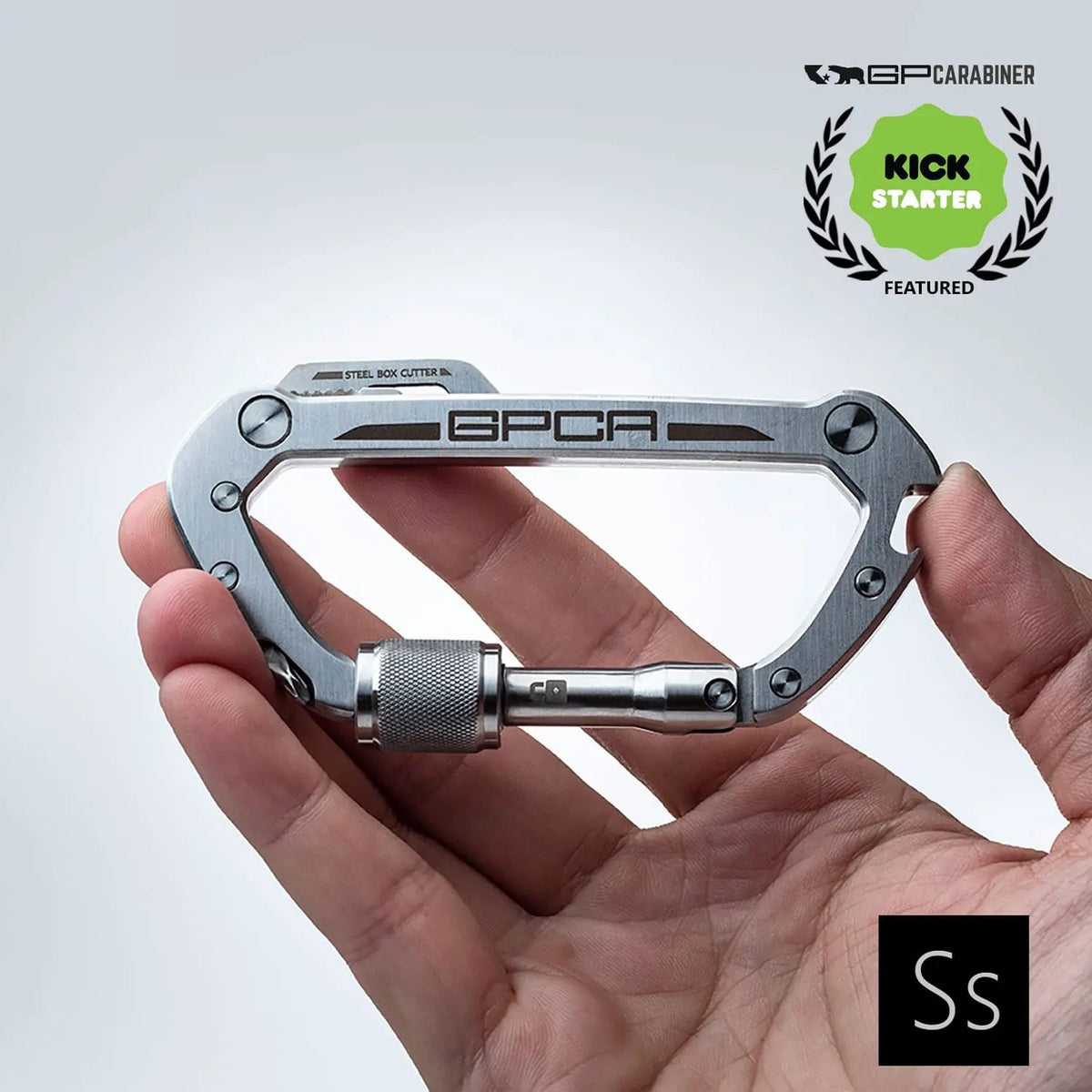 GPCA Carabiner PRO EDC multi-tool clip in steel with GPCA branding on Tampa Home & Garden Store