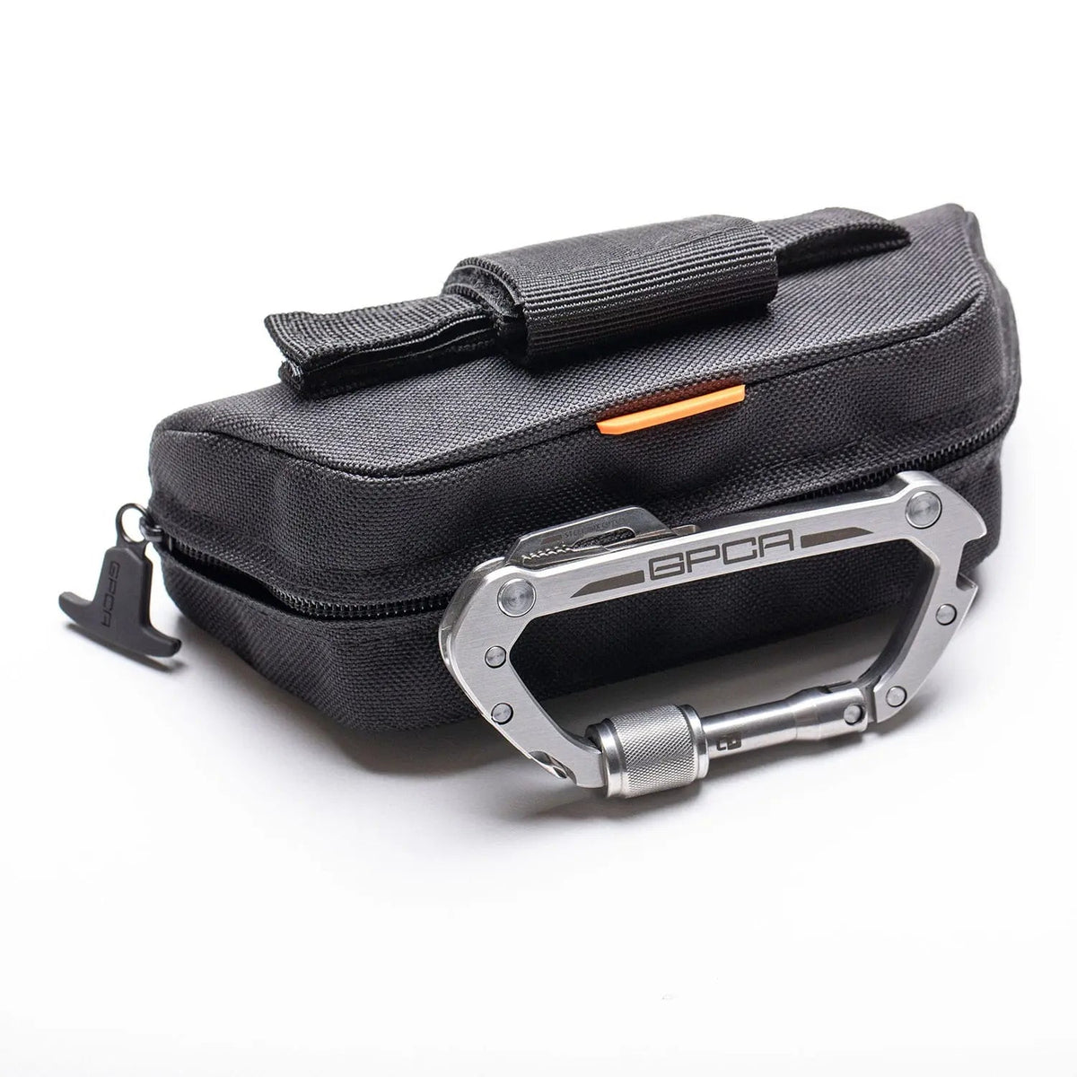 GPCA Carabiner PRO EDC multi-tool clip with silver metal frame and orange accent on black case on Tampa Home & Garden Store