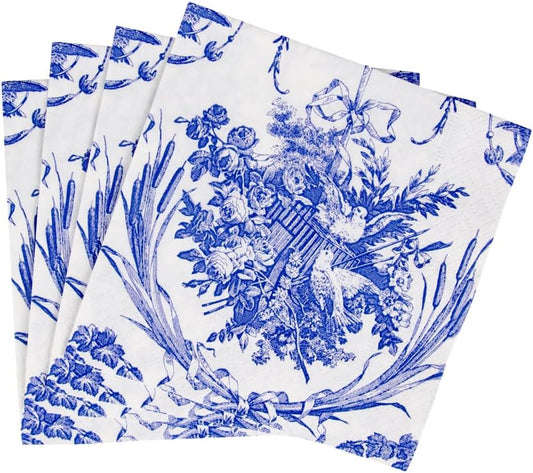 Serviettes de cocktail romantiques bleues à motif toile de Jouy - 20 par paquet