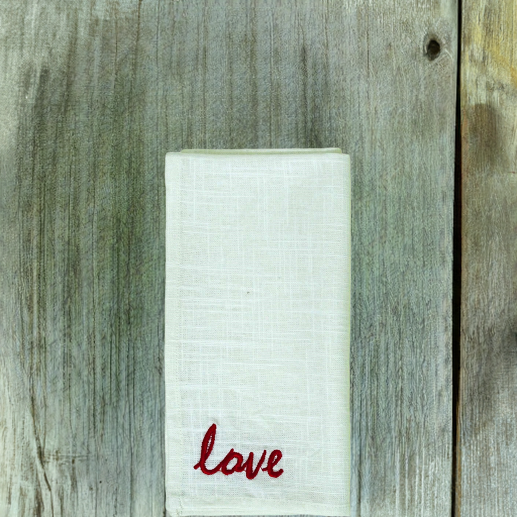 Vibhsa cotton table napkins set of 4 with red embroidery love at corner 20x20 on Tampa Home & Garden Store