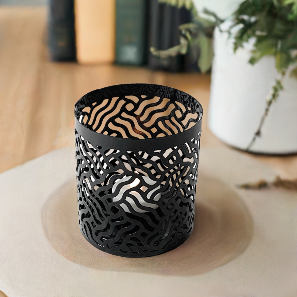 Vibhsa black laser-cut votive candle holders set of 2 with abstract pattern on Tampa Home & Garden Store