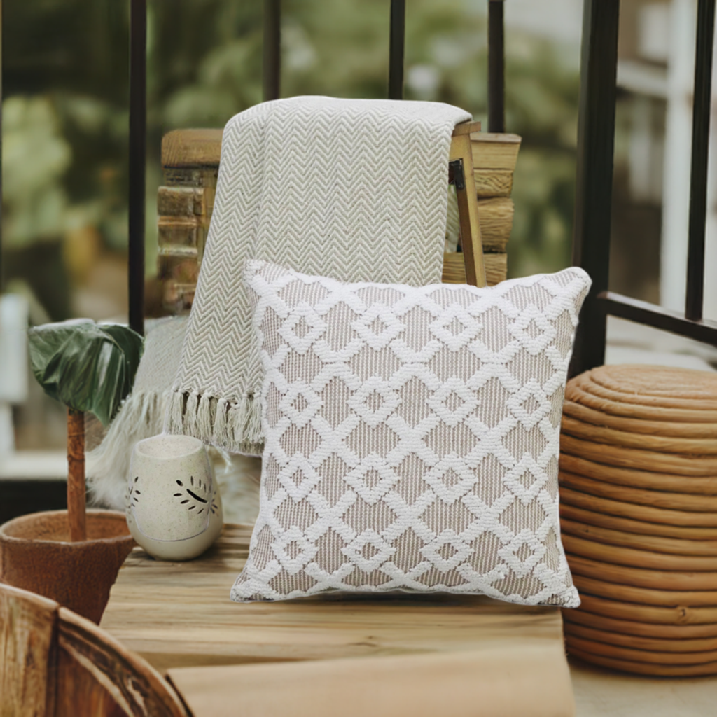 Decorative Beige Accent Throw Pillow 20x20 by Vibhsa with geometric knit pattern on Tampa Home & Garden Store