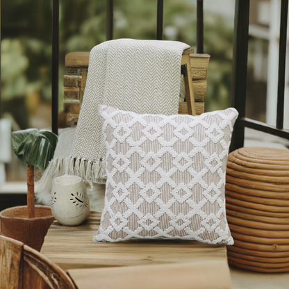 Decorative Beige Accent Throw Pillow 20x20 by Vibhsa with geometric knit pattern on Tampa Home & Garden Store