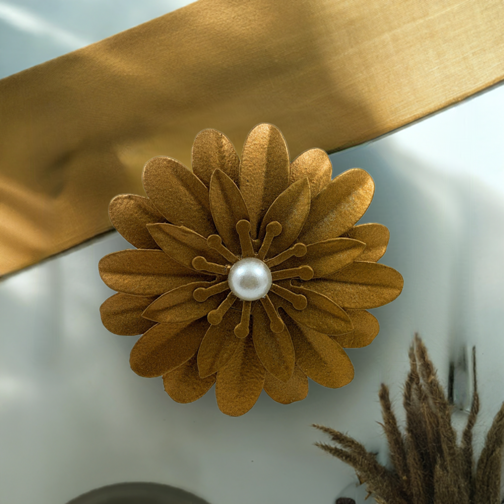 Vibhsa gold floral napkin ring with pearl center, handcrafted dining decor on Tampa Home & Garden Store