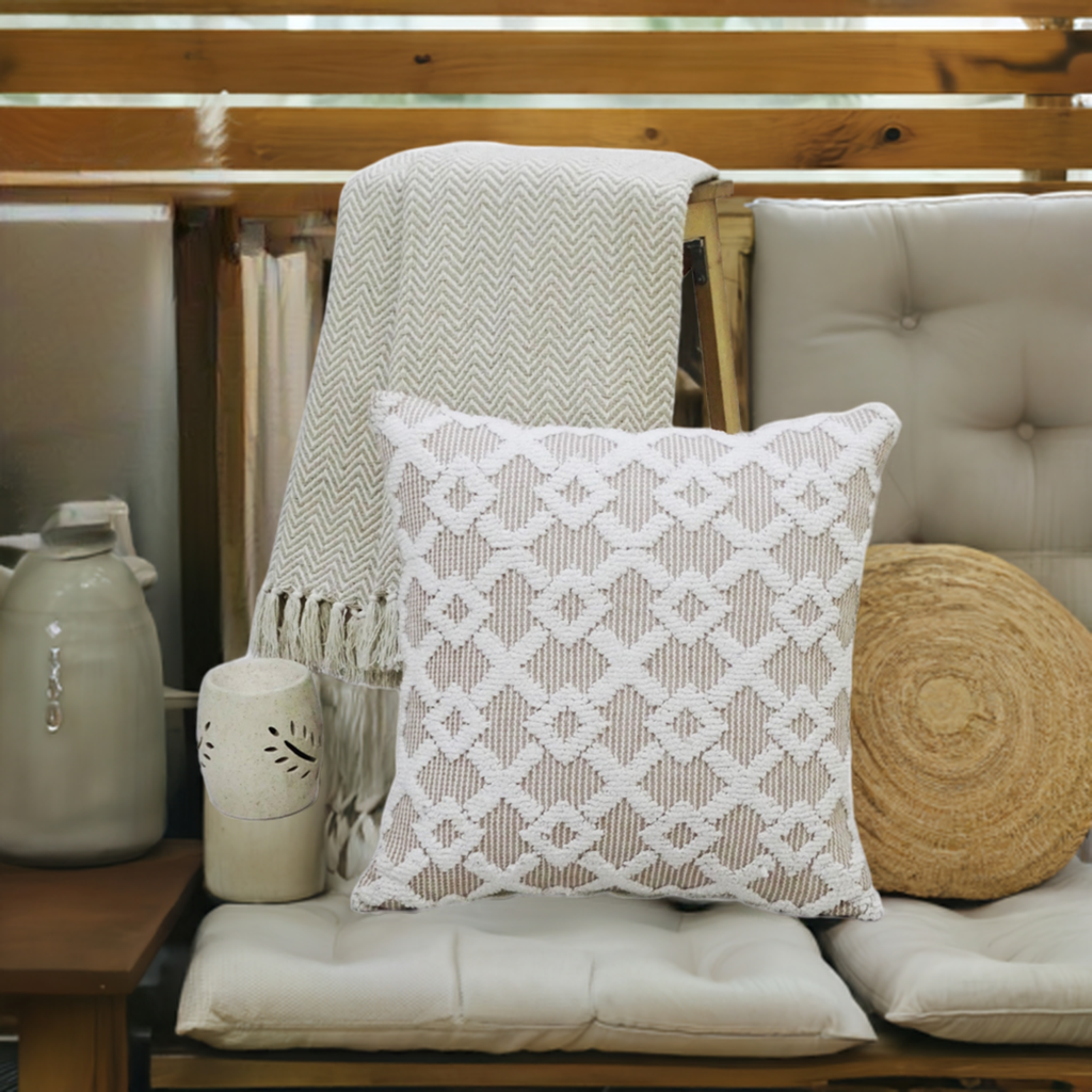Decorative beige accent throw pillow 20x20 with white geometric lattice pattern on Tampa Home & Garden Store